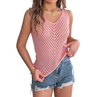 Womens V Neck Sleeveless Tank Tops Lightweight Crochet Hollow Out Summer Beach Vacation Cool Vest