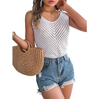 Womens V Neck Sleeveless Tank Tops Lightweight Crochet Hollow Out Summer Beach Vacation Cool Vest
