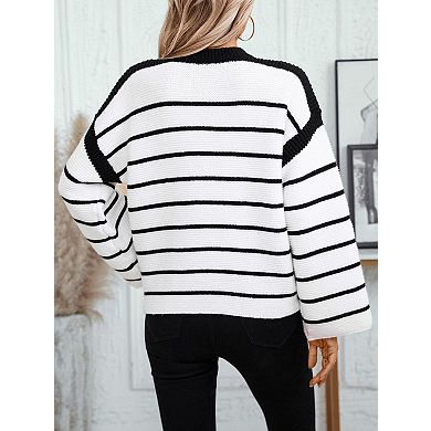 Women's Striped Oversized Knit Sweater Crew Neck Bell Sleeve Casual Pullover Top