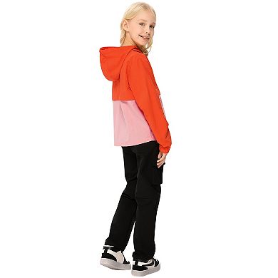 Girls'Block Hooded Windbreaker Half-Zip Waterproof Pullover Jacket with Kangaroo Pocket