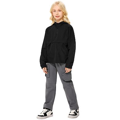 Girls'Block Hooded Windbreaker Half-Zip Waterproof Pullover Jacket with Kangaroo Pocket