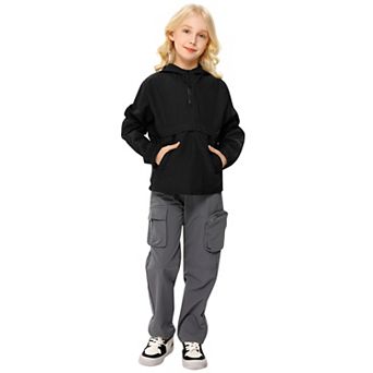 Girls'Block Hooded Windbreaker Half-Zip Waterproof Pullover Jacket with Kangaroo Pocket
