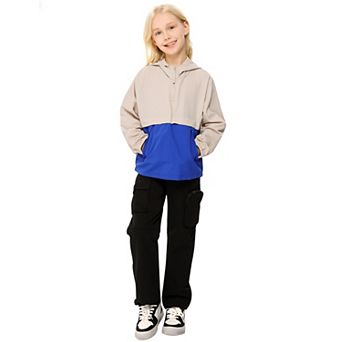 Girls'Block Hooded Windbreaker Half-Zip Waterproof Pullover Jacket with Kangaroo Pocket