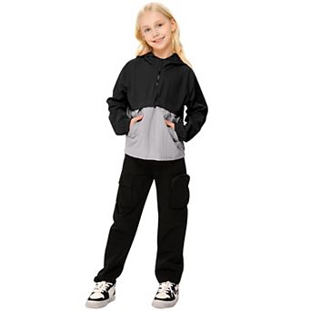Girls'Block Hooded Windbreaker Half-Zip Waterproof Pullover Jacket with Kangaroo Pocket