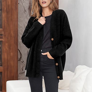 Women's Black Oversized Ribbed Knit Cardigan Button Front Chunky Knit Sweater with Pockets
