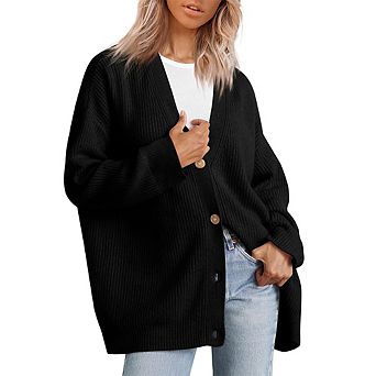 Women's Black Oversized Ribbed Knit Cardigan Button Front Chunky Knit Sweater with Pockets