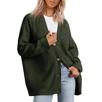 Women's Black Oversized Ribbed Knit Cardigan Button Front Chunky Knit Sweater with Pockets