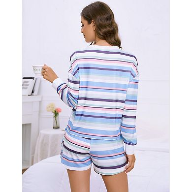 Women's Two Pieces Set Print Long Sleeve Tops With Shorts Casual Set With Pockets