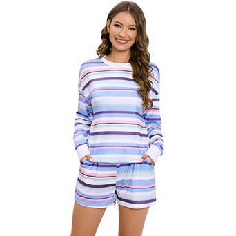 Women's Two Pieces Set Print Long Sleeve Tops With Shorts Casual Set With Pockets