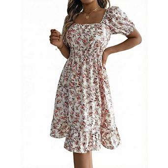 Women's Summer Casual Loose Trendy Square Neck Short Sleeve Floral Print Boho Dresses