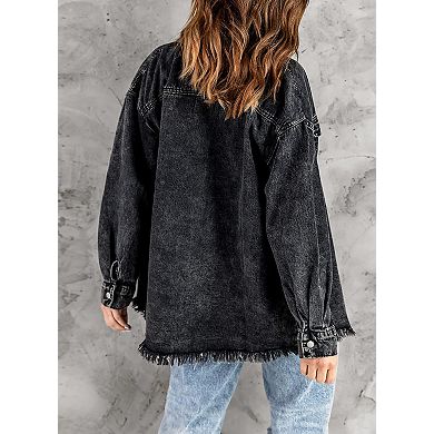 Women's Oversized Shirt Jacket Long Sleeve Frayed Hem Button Down Jean Shacket with Chest Pockets