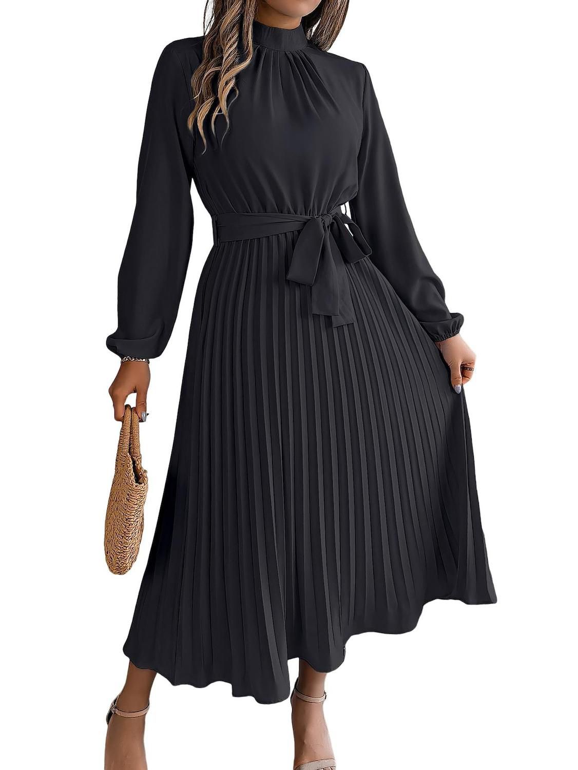Женские платья Mock Neck Long Sleeve Tie Waist Pleated Formal Cocktail Party Dress
