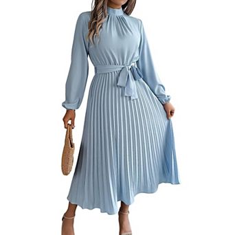 Women's Mock Neck Long Sleeve Tie Waist Pleated Formal Cocktail Party Dress