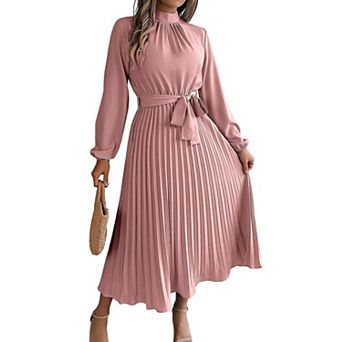 Women's Mock Neck Long Sleeve Tie Waist Pleated Formal Cocktail Party Dress
