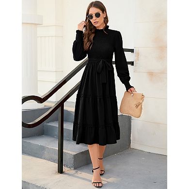 Women's Long Sleeve Midi Crew Neck A Line Flowy Long Dress