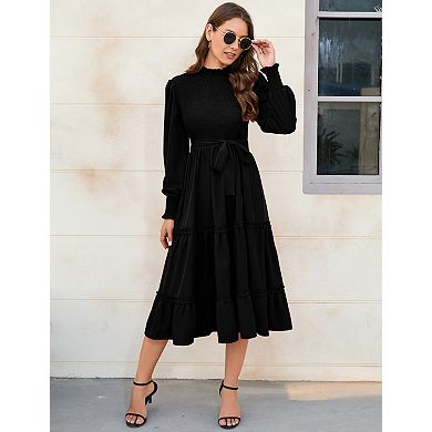 Women's Long Sleeve Midi Crew Neck A Line Flowy Long Dress