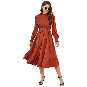 Women's Long Sleeve Midi Crew Neck A Line Flowy Long Dress