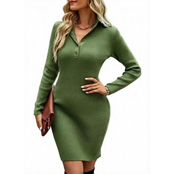 Women's Sweater Dress Long Sleeve Bodycon Casual V Neck Ribbed Knit Short Dresses