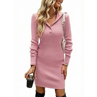 Women's Sweater Dress Long Sleeve Bodycon Casual V Neck Ribbed Knit Short Dresses