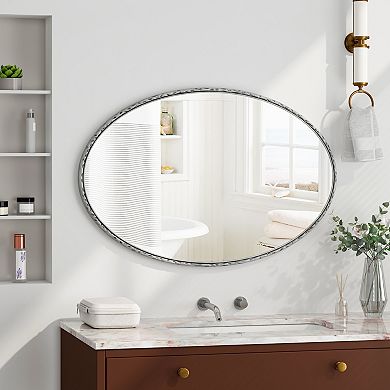 Iron Art Oval Retro Mirror with Antique Effect in Silver, Glass and MDF Frame, Wall Hanging for Bath