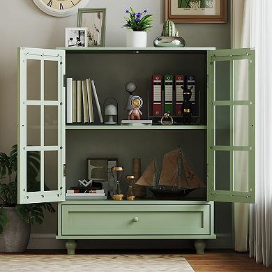 Minimalism Buffet Cabinet with Double Glass Doors and Drawer, Green