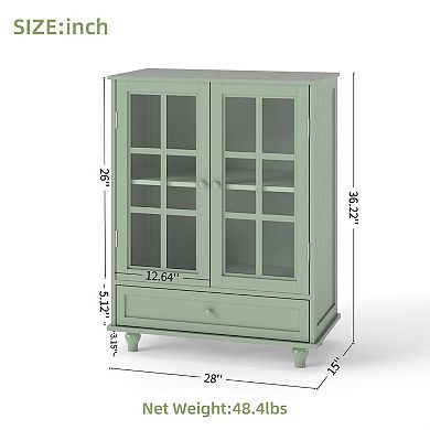 Minimalism Buffet Cabinet with Double Glass Doors and Drawer, Green