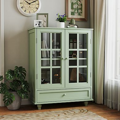 Minimalism Buffet Cabinet with Double Glass Doors and Drawer, Green