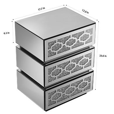 MIDOLA Silver 24-in. Mirrored 3-Drawer Nightstand with Crushed Diamond Accents