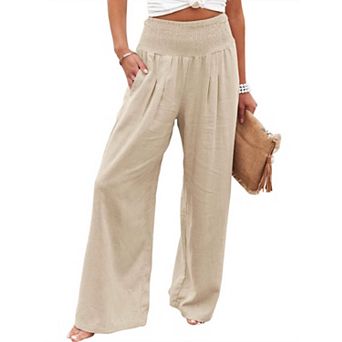 Womens High Waisted Linen Cotton Palazzo Pants Wide Leg Pleated Casual Lounge Trouses with Pockets
