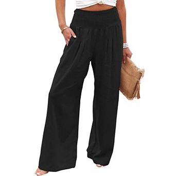 Womens High Waisted Linen Cotton Palazzo Pants Wide Leg Pleated Casual Lounge Trouses with Pockets