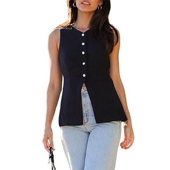 Women's V-Neck Sleeveless Vest Tailored Fitted Top Elegant Office Blouses