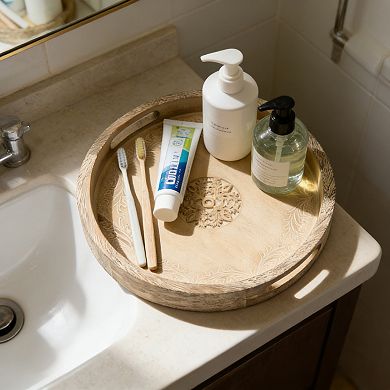 Round Mango Wood Serving Tray - 18" Rustic Brown