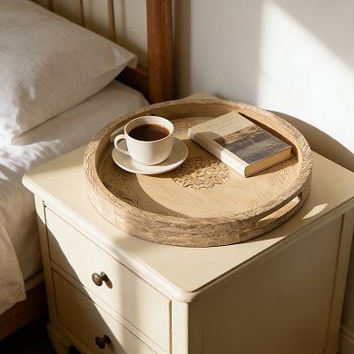 Round Mango Wood Serving Tray - 18" Rustic Brown