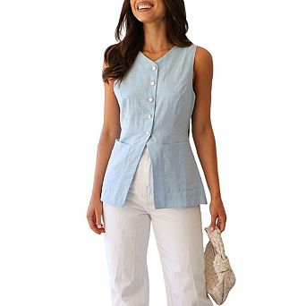 Women's V-Neck Sleeveless Vest Tailored Fitted Top Elegant Office Blouses