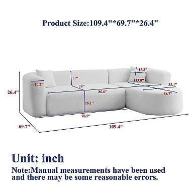 109.4" Modular Cloud Sofa Modern L-Shaped Curved Back Couch with 2 Pillows, Right Chaise