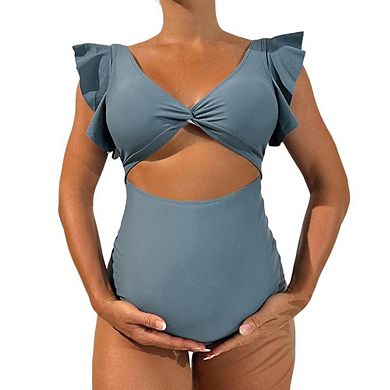 Women's One Piece Ruffle Ribbed Maternity Swimsuit High Waisted Bathing Suits Swimwear