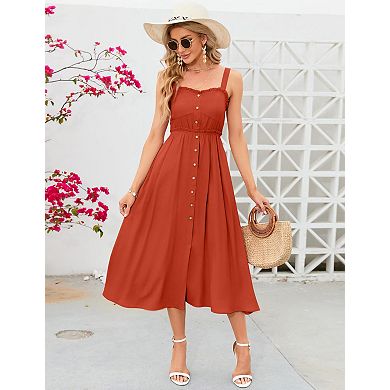 Womens Summer Dresses Button Down Pocketed Sundress High Waist Swing Midi Dress