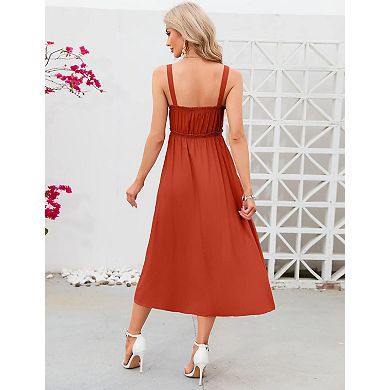 Womens Summer Dresses Button Down Pocketed Sundress High Waist Swing Midi Dress