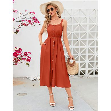 Womens Summer Dresses Button Down Pocketed Sundress High Waist Swing Midi Dress