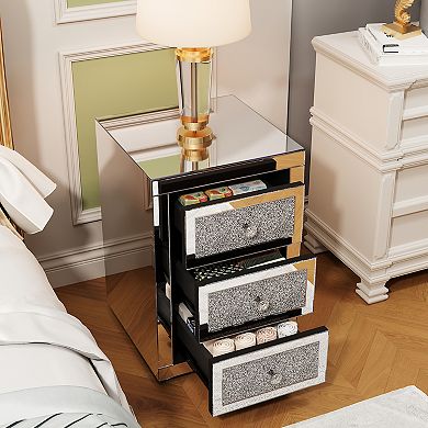MIDOLA Silver 23-in. Mirrored 3-Drawer Nightstand with Glitter Accents