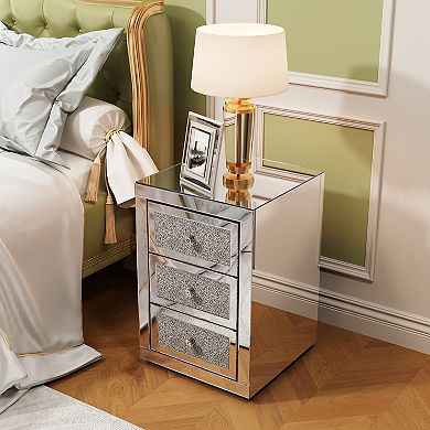 MIDOLA Silver 23-in. Mirrored 3-Drawer Nightstand with Glitter Accents