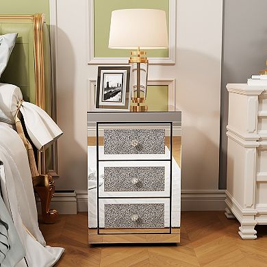 MIDOLA Silver 23-in. Mirrored 3-Drawer Nightstand with Glitter Accents