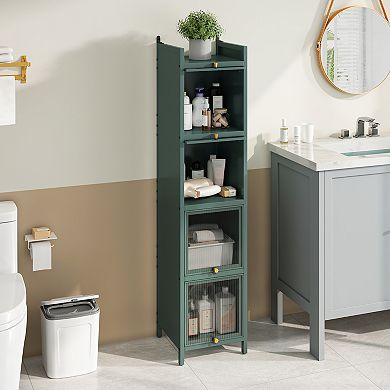 Modern Four-tier Glass Door Cabinet with Featuring Five-tier Storage, for Entryway Living Room