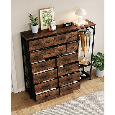 Fabric Storage Tower Dresser with 16 Drawers and Clothes Rack