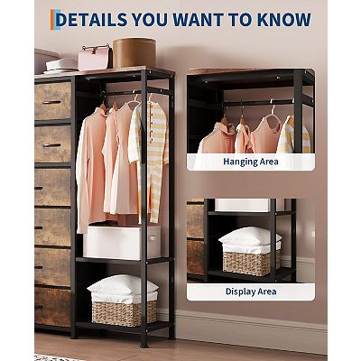 dresser with hanging rack EnHomee Dresser with Clothes Rack for Hanging Clothes, 6 Fabric Drawers, Charging Station, Black, Sturdy Metal Frame
