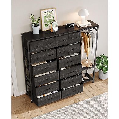 Fabric Storage Tower Dresser with 16 Drawers and Clothes Rack