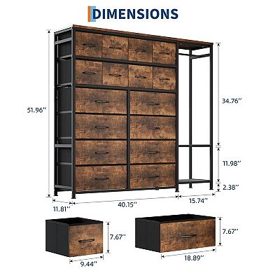Fabric Storage Tower Dresser with 16 Drawers and Clothes Rack