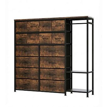 Fabric Storage Tower Dresser with 16 Drawers and Clothes Rack