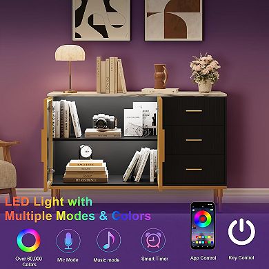 Fluted Sideboards Buffets Cabinet with Glass Doors, 3 Drawers, Marble Top Kitchen Sideboard Cabinet