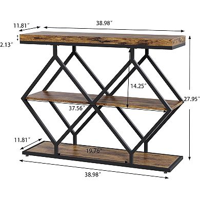 3-Tier Entryway Table, Farmhouse Console Table with Open Shelves, Diamond-Shaped Metal Frame